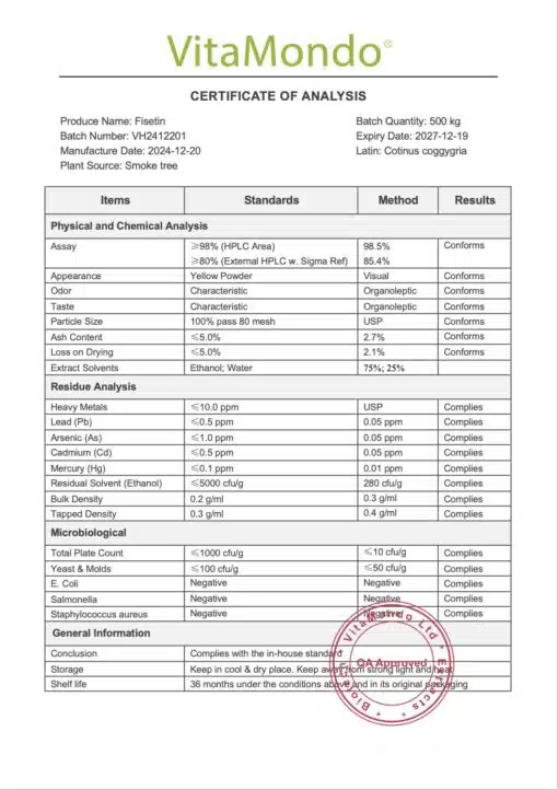 Fisetin 98% Flavonoid Powder COA 2025 VitaMondo
