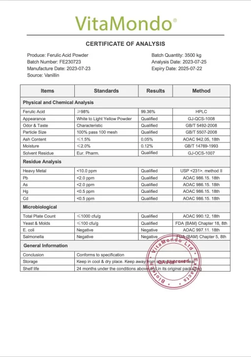 Ferulic Acid 98% Powder COA