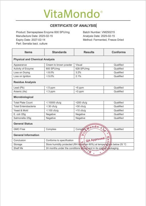 Serrapeptase Enzyme 600 SPU mg COA 2025 VitaMondo stamped