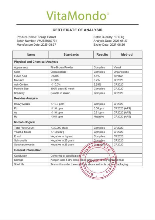 Shilajit Extract Filtered COA HACCP 2027 VitaMondo stamp